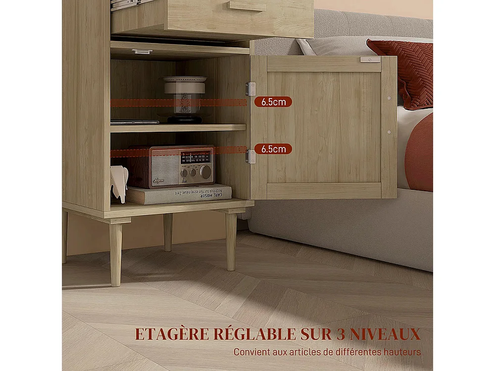 Table de chevet avec armoire et cadre en rotin, 1 tiroir, style bohème - 40 x 40 x 68,5 cm, couleur naturelle