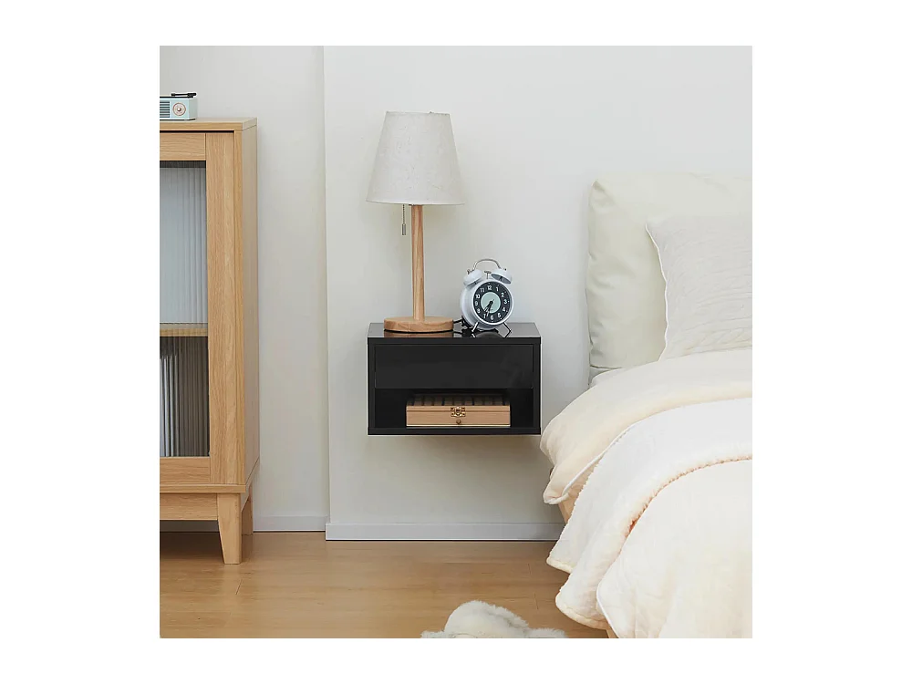 Ensemble de 2 tables de chevet murales avec tiroirs et plateau en bois, dimensions : 37 L x 32 l x 21 H cm, couleur noire.