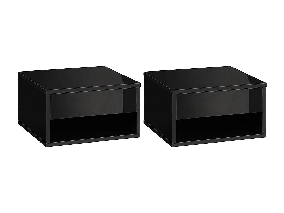 Ensemble de 2 tables de chevet murales avec tiroirs et plateau en bois, dimensions : 37 L x 32 l x 21 H cm, couleur noire.