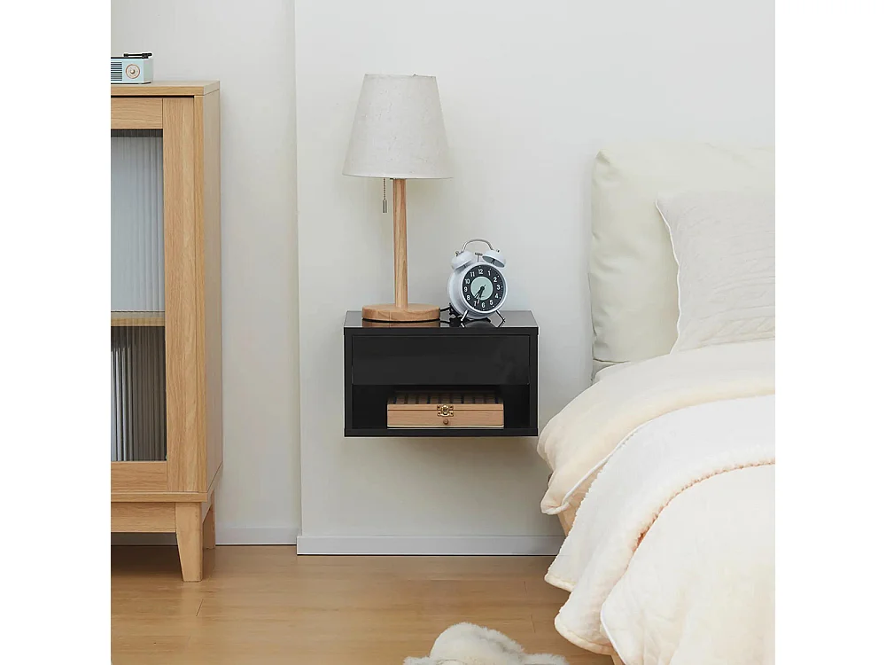 Ensemble de 2 tables de chevet murales avec tiroirs et plateau en bois, dimensions : 37 L x 32 l x 21 H cm, couleur noire.