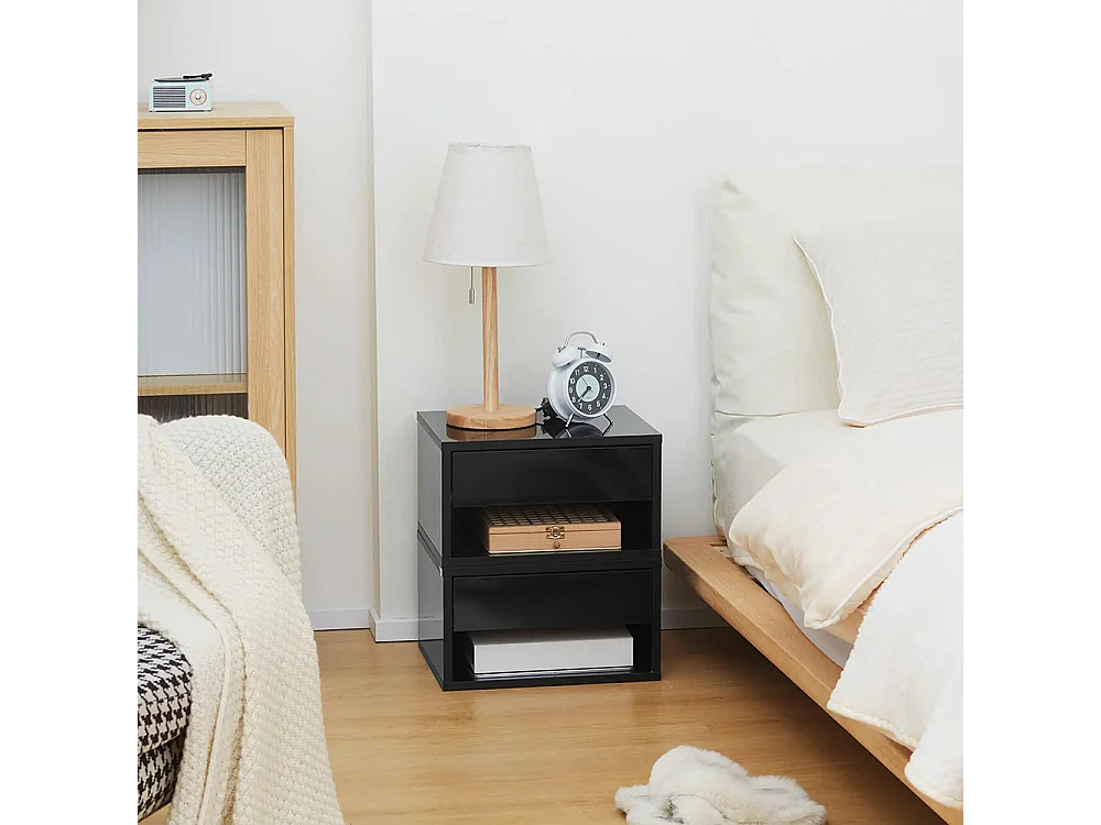 Ensemble de 2 tables de chevet murales avec tiroirs et plateau en bois, dimensions : 37 L x 32 l x 21 H cm, couleur noire.