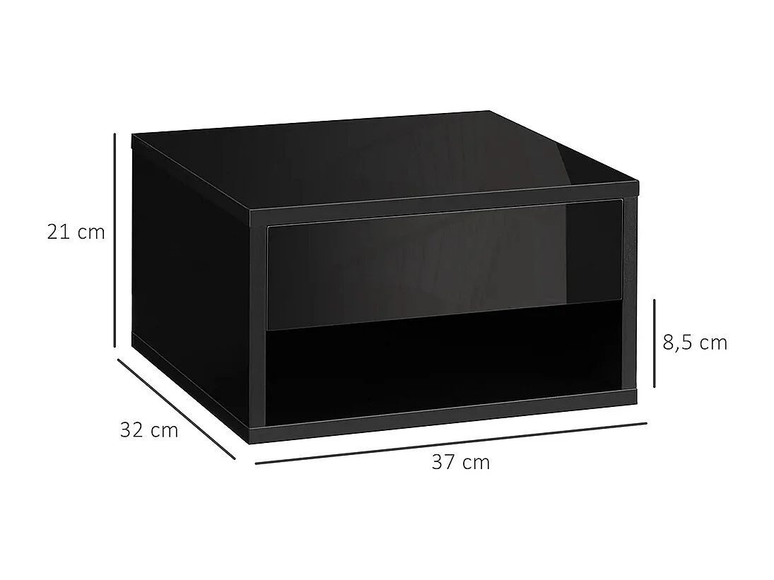Ensemble de 2 tables de chevet murales avec tiroirs et plateau en bois, dimensions : 37 L x 32 l x 21 H cm, couleur noire.