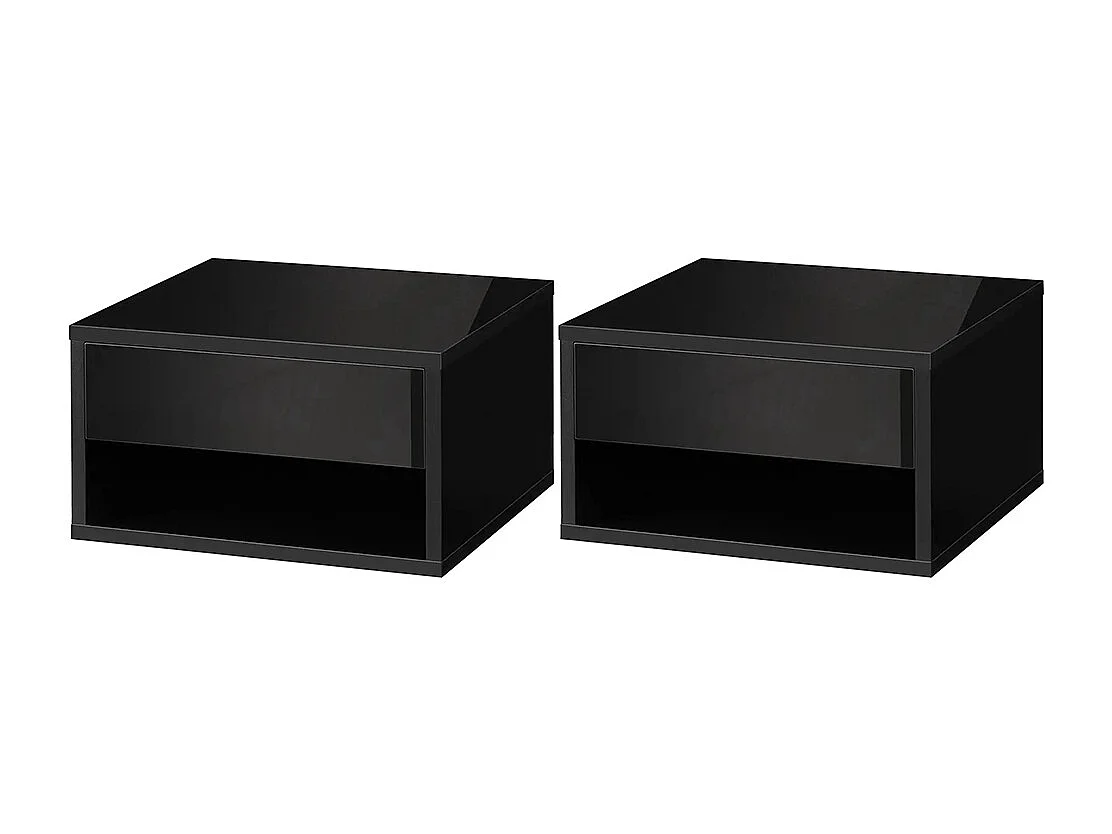 Ensemble de 2 tables de chevet murales avec tiroirs et plateau en bois, dimensions : 37 L x 32 l x 21 H cm, couleur noire.