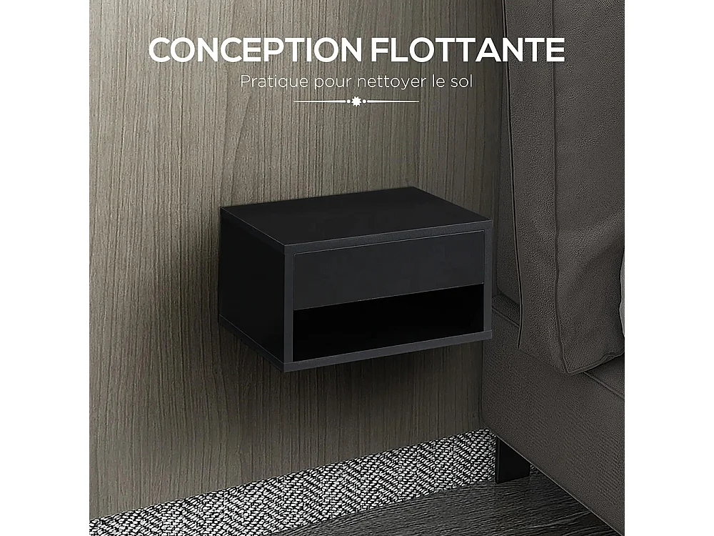 Ensemble de 2 tables de chevet murales avec tiroirs et plateau en bois, dimensions : 37 L x 32 l x 21 H cm, couleur noire.