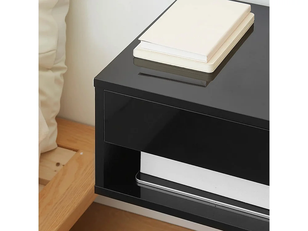 Ensemble de 2 tables de chevet murales avec tiroirs et plateau en bois, dimensions : 37 L x 32 l x 21 H cm, couleur noire.