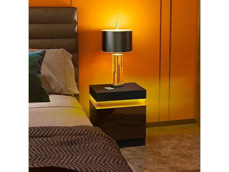 Table de chevet avec panneau lumineux à LED RGB, équipée de 2 tiroirs, couleur noire.