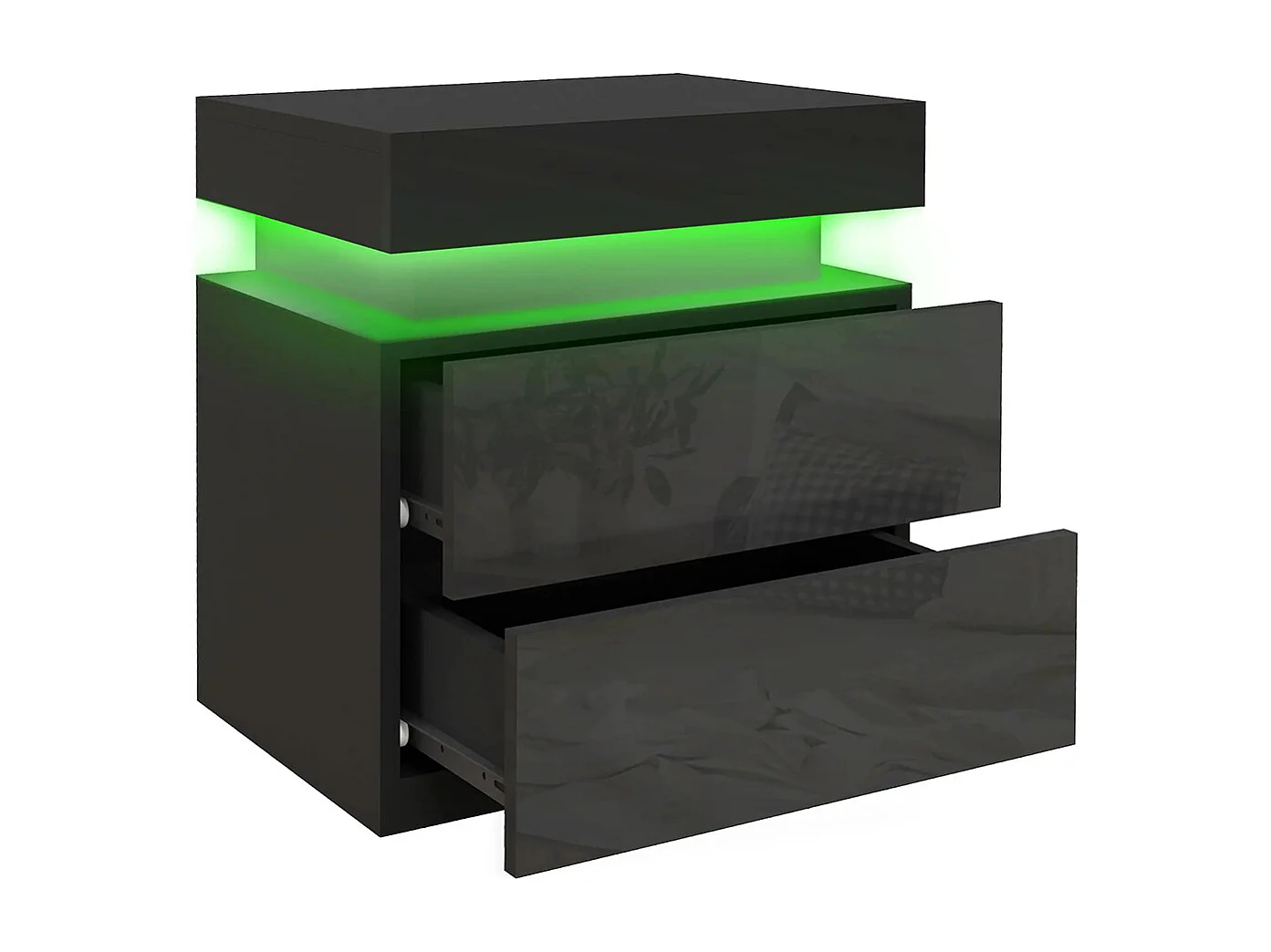 Table de chevet avec panneau lumineux à LED RGB, équipée de 2 tiroirs, couleur noire.