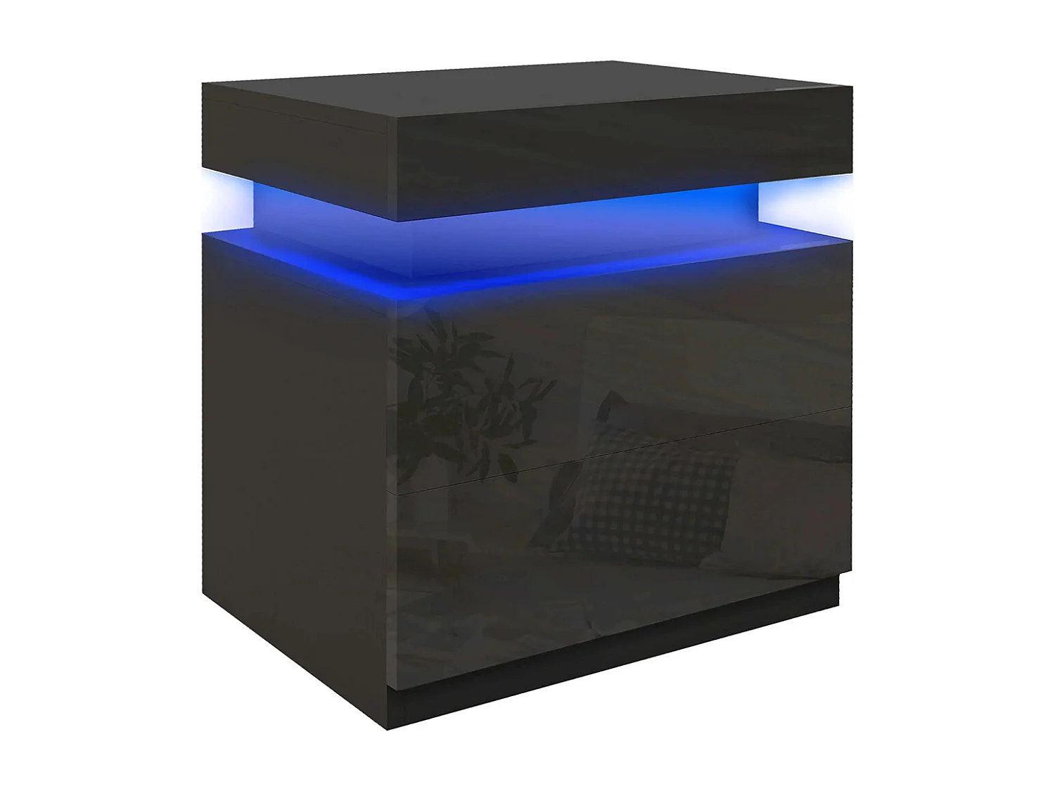 Table de chevet avec panneau lumineux à LED RGB, équipée de 2 tiroirs, couleur noire.