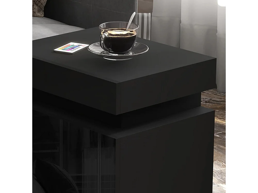 Table de chevet avec panneau lumineux à LED RGB, équipée de 2 tiroirs, couleur noire.