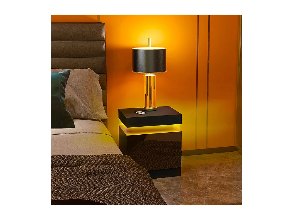 Table de chevet avec panneau lumineux à LED RGB, équipée de 2 tiroirs, couleur noire.