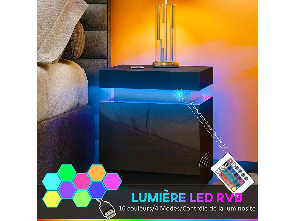 Table de chevet avec panneau lumineux à LED RGB, équipée de 2 tiroirs, couleur noire.