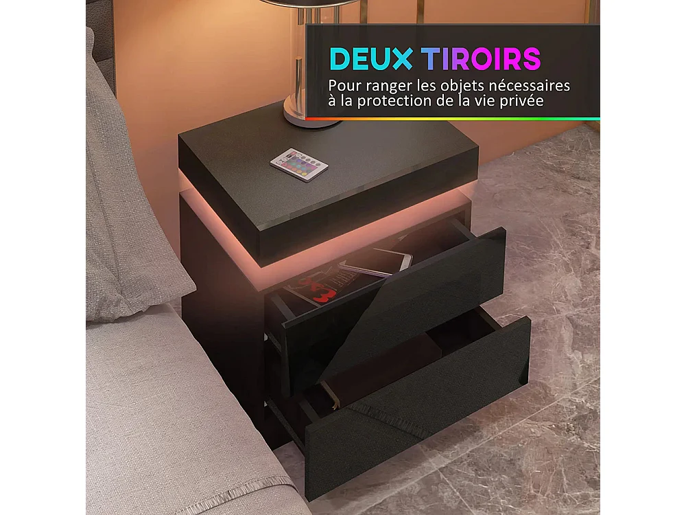 Table de chevet avec panneau lumineux à LED RGB, équipée de 2 tiroirs, couleur noire.