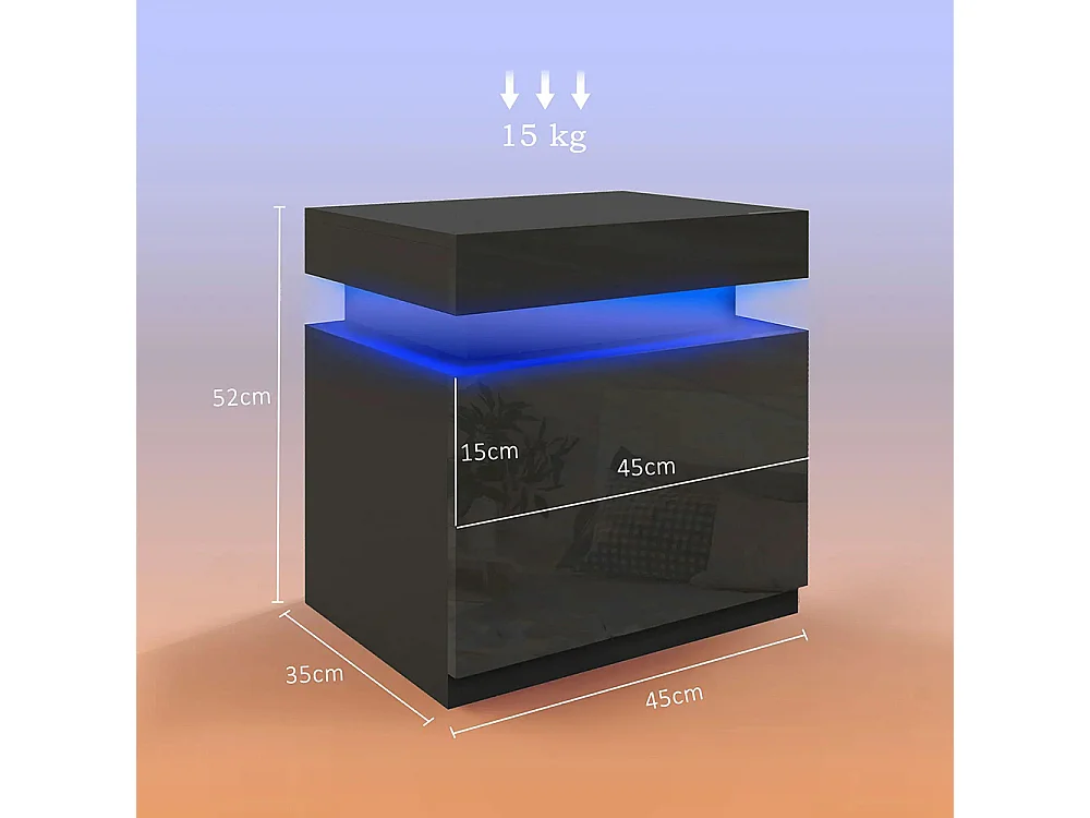 Table de chevet avec panneau lumineux à LED RGB, équipée de 2 tiroirs, couleur noire.
