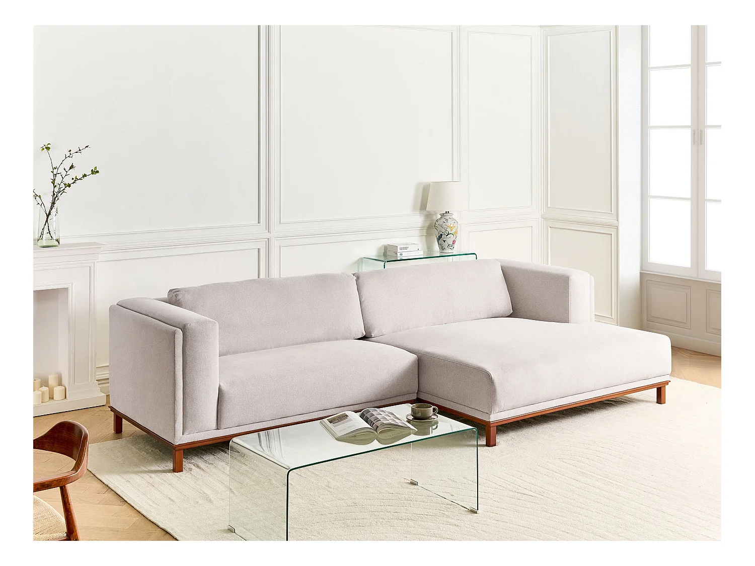 Canapé d'angle 4 places VENG Tissu Beige clair Côté droite