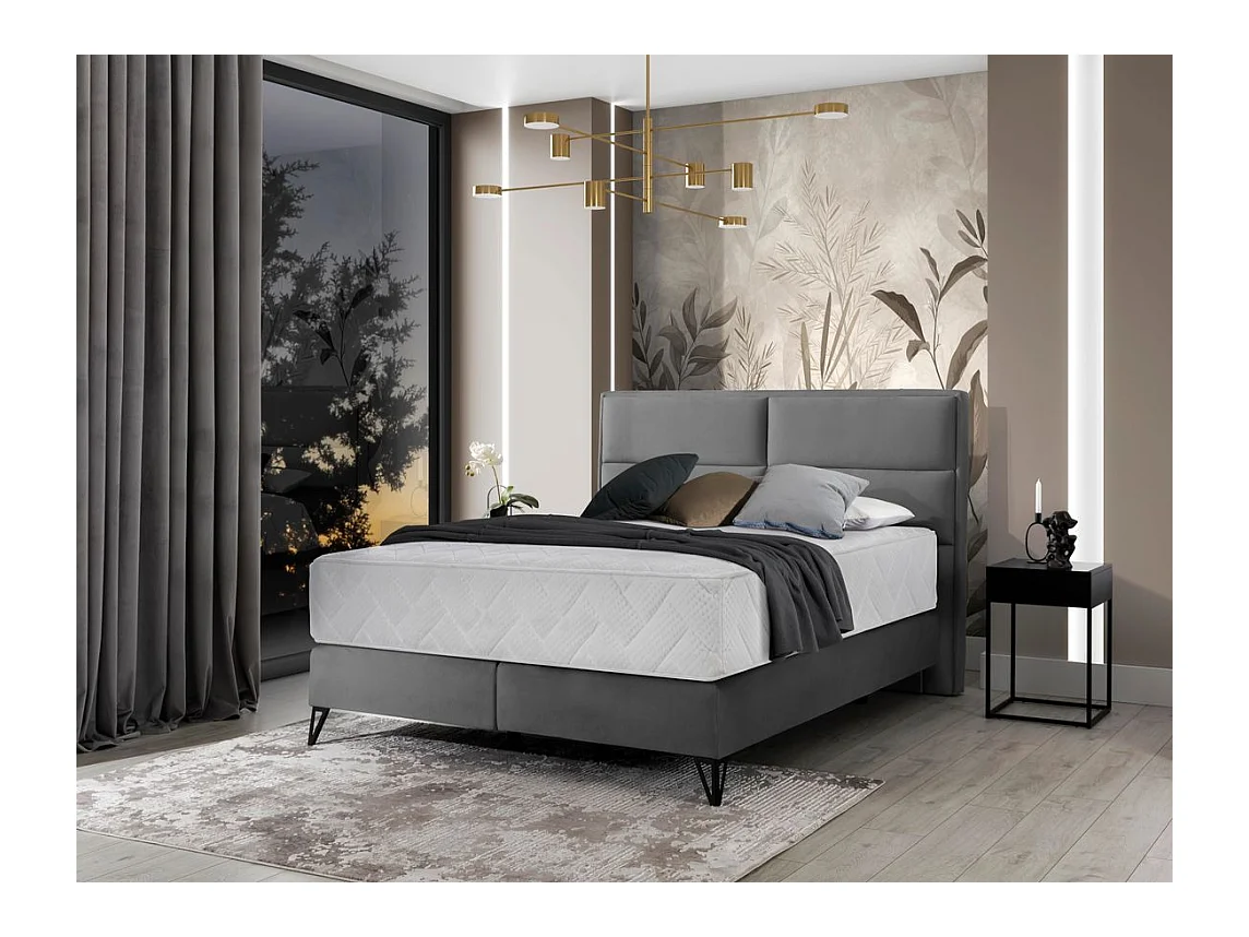 Lit continental tissu gris Tiempo avec matelas 30cm en latex et pied métal noir-140x200