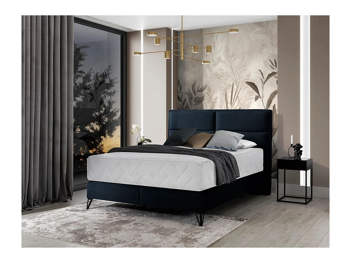 Tiempo marineblauw fluwelen continentaal bed met latexmatras van 30 cm en zwart metalen poot-Slapen 140x200cm