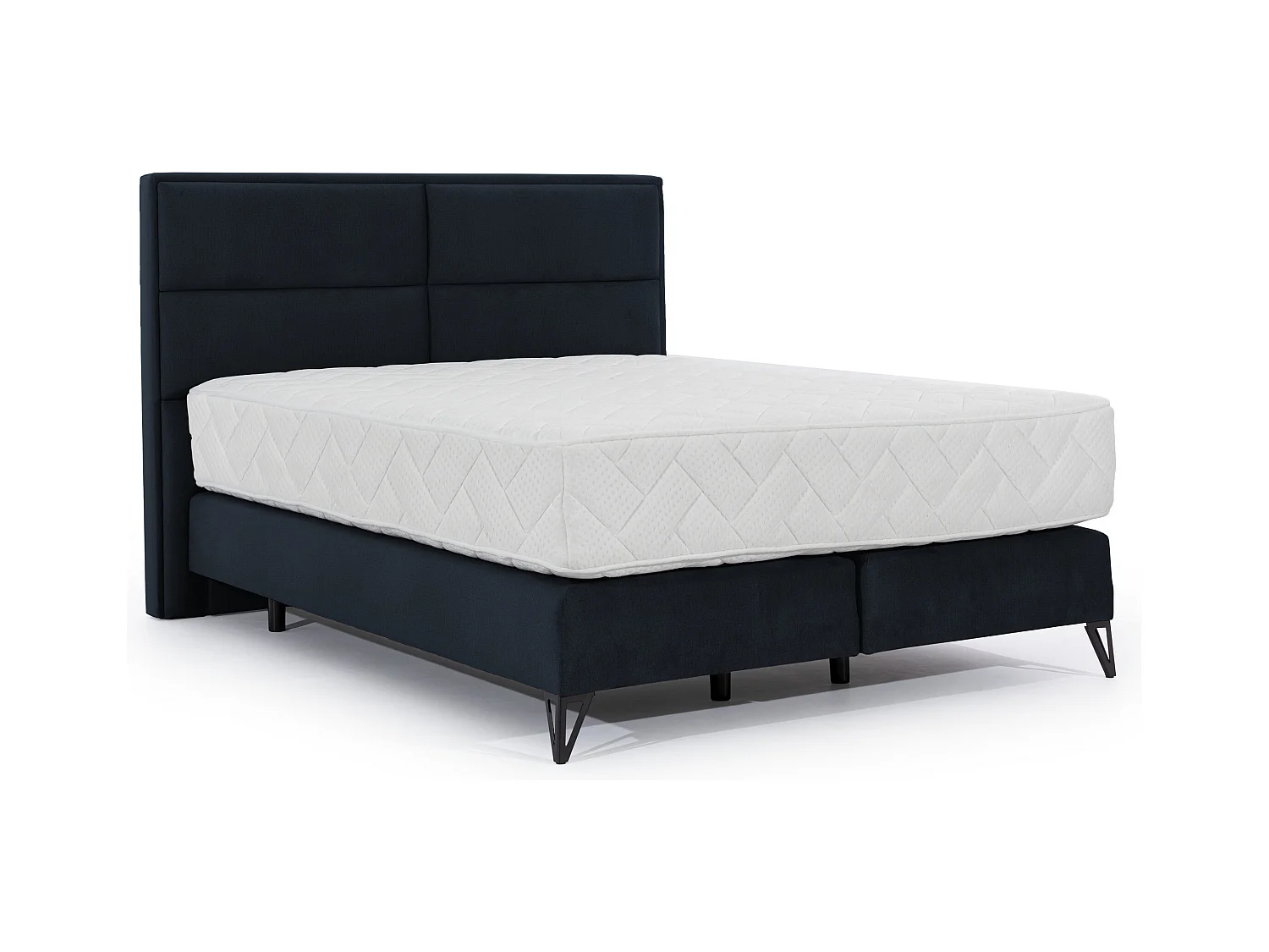 Lit continental velours bleu marine Tiempo avec matelas 30cm en latex et pied métal noir-140x200