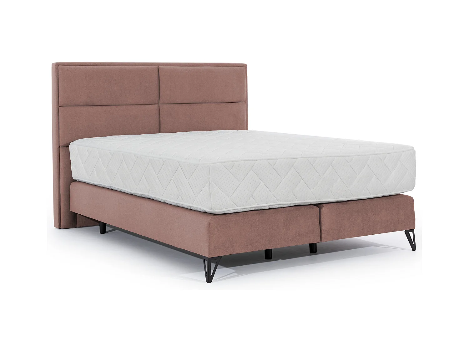 Lit continental tissu rose Tiempo avec matelas 30cm en latex et pied métal noir-140x200