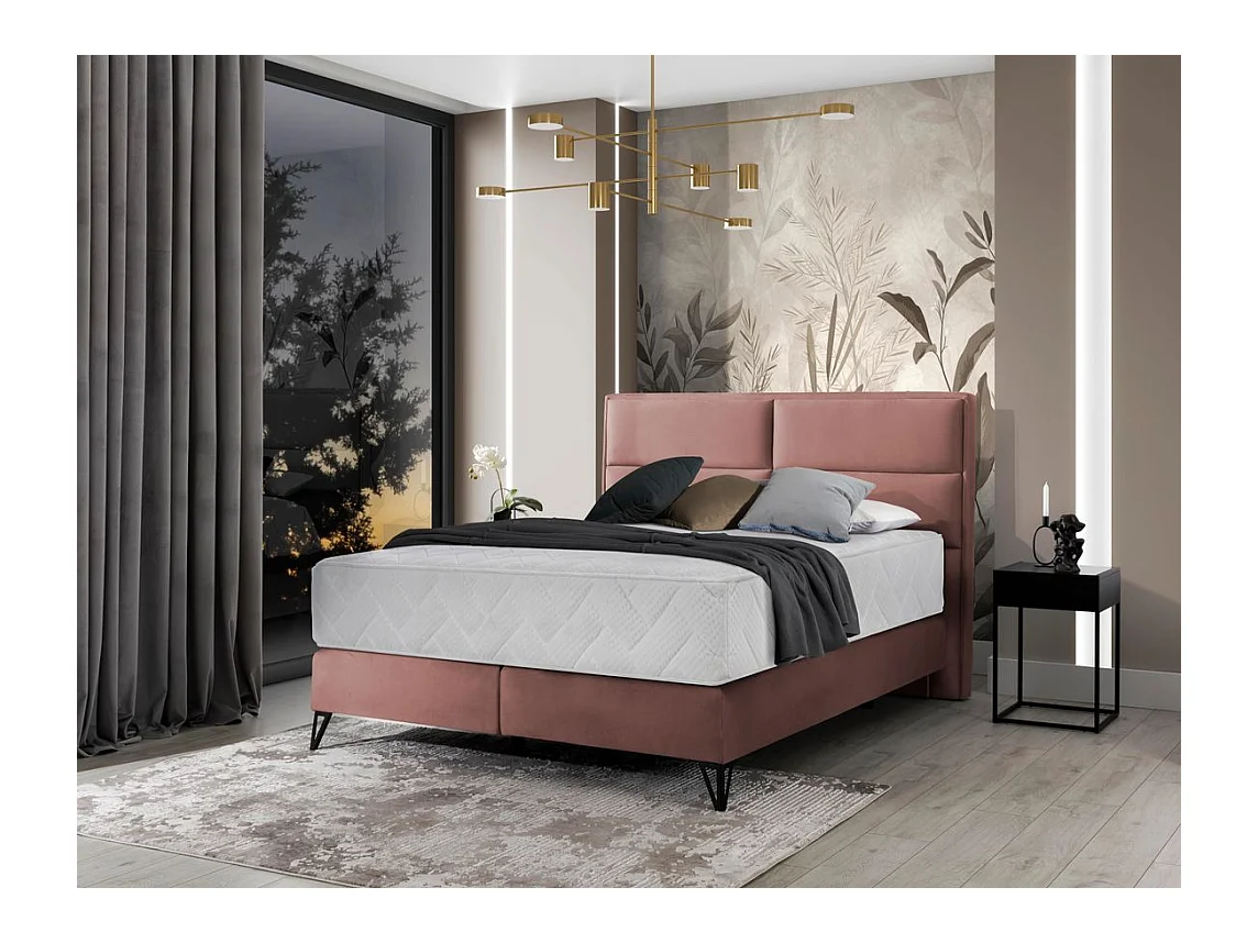 Lit continental tissu rose Tiempo avec matelas 30cm en latex et pied métal noir-140x200