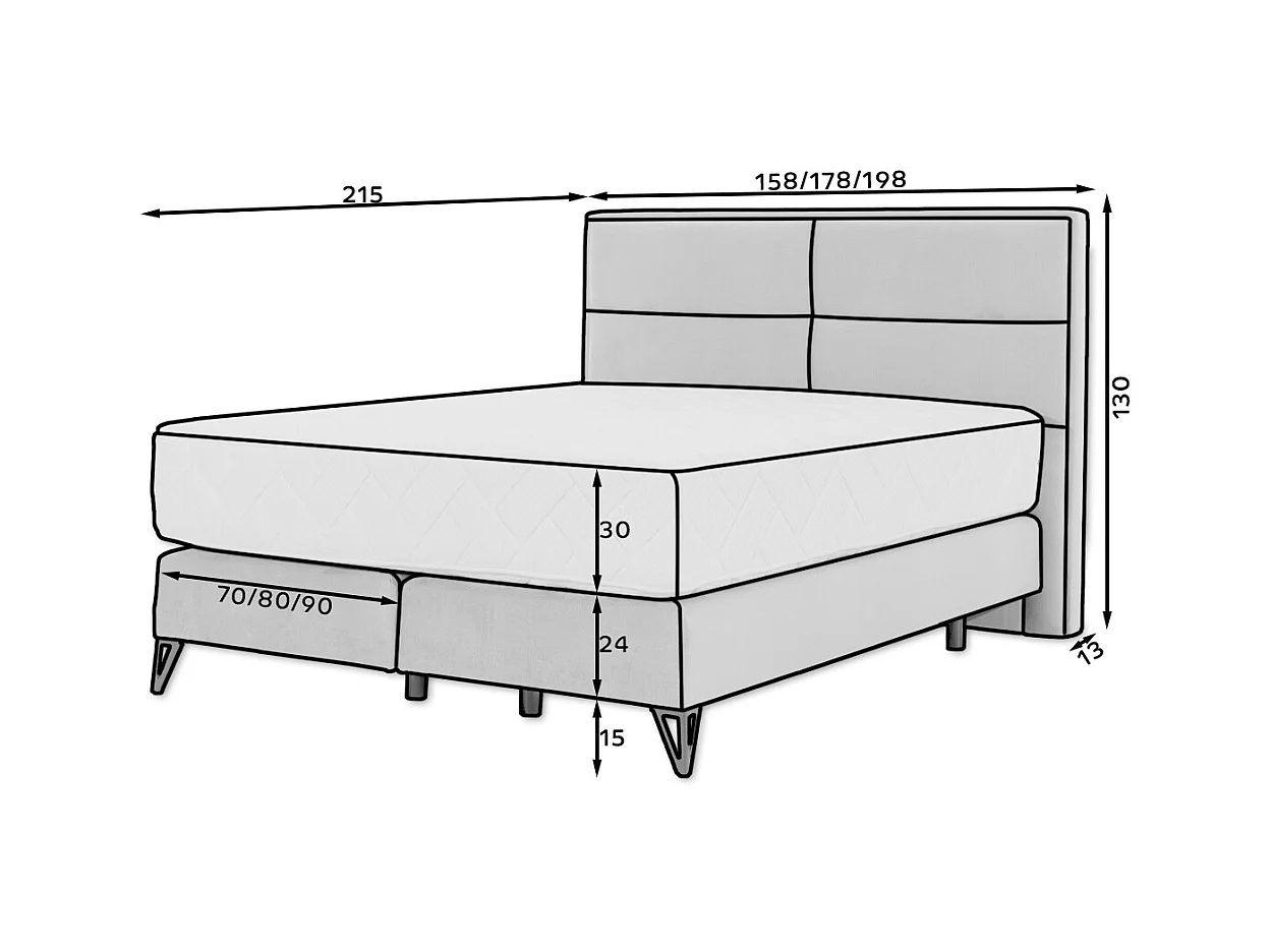 Lit continental tissu rose Tiempo avec matelas 30cm en latex et pied métal noir-140x200