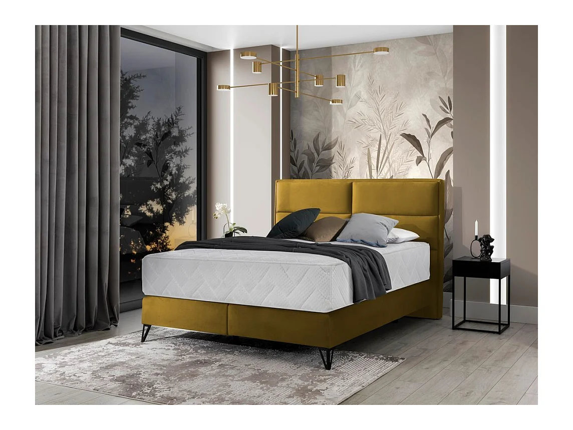 Lit continental tissu jaune moutarde Tiempo avec matelas 30cm en latex et pied métal noir-140x200