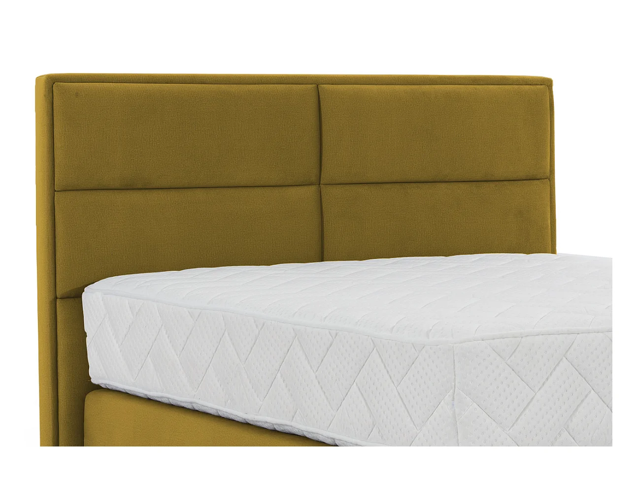 Lit continental tissu jaune moutarde Tiempo avec matelas 30cm en latex et pied métal noir-140x200