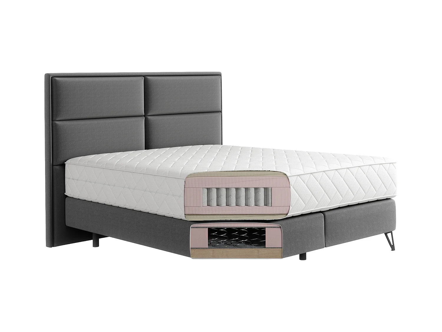 Lit continental tissu jaune moutarde Tiempo avec matelas 30cm en latex et pied métal noir-140x200