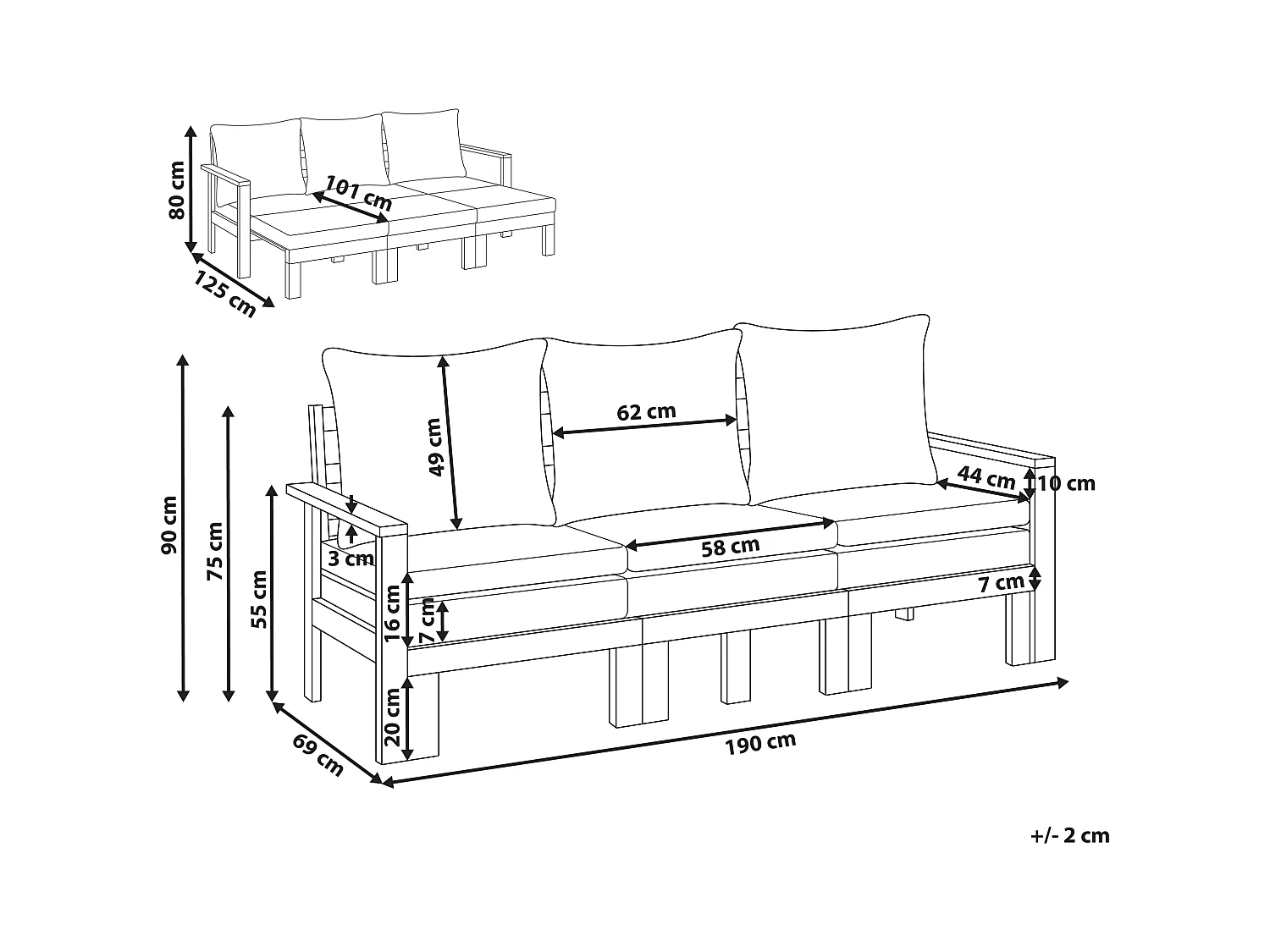 Banc avec coussin d'assise ISOLELLO 190 cm Réglable Acacia Marron