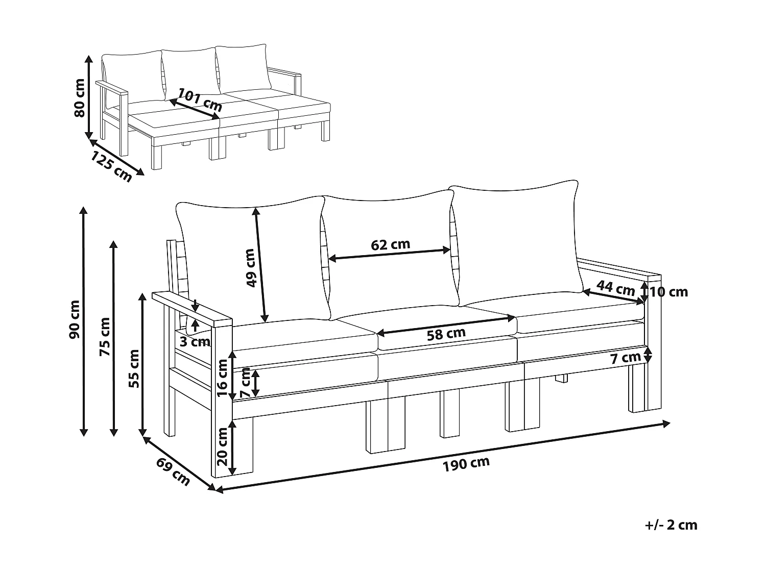 Banc avec coussin d'assise ISOLELLO 190 cm Réglable Acacia Marron
