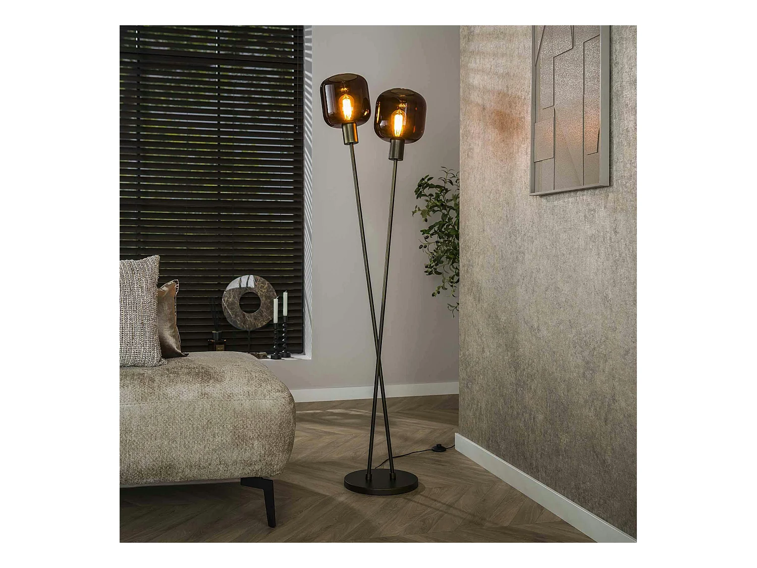 Lampadaire vintage verre – 2 abat–jour croisés bronze NOVA