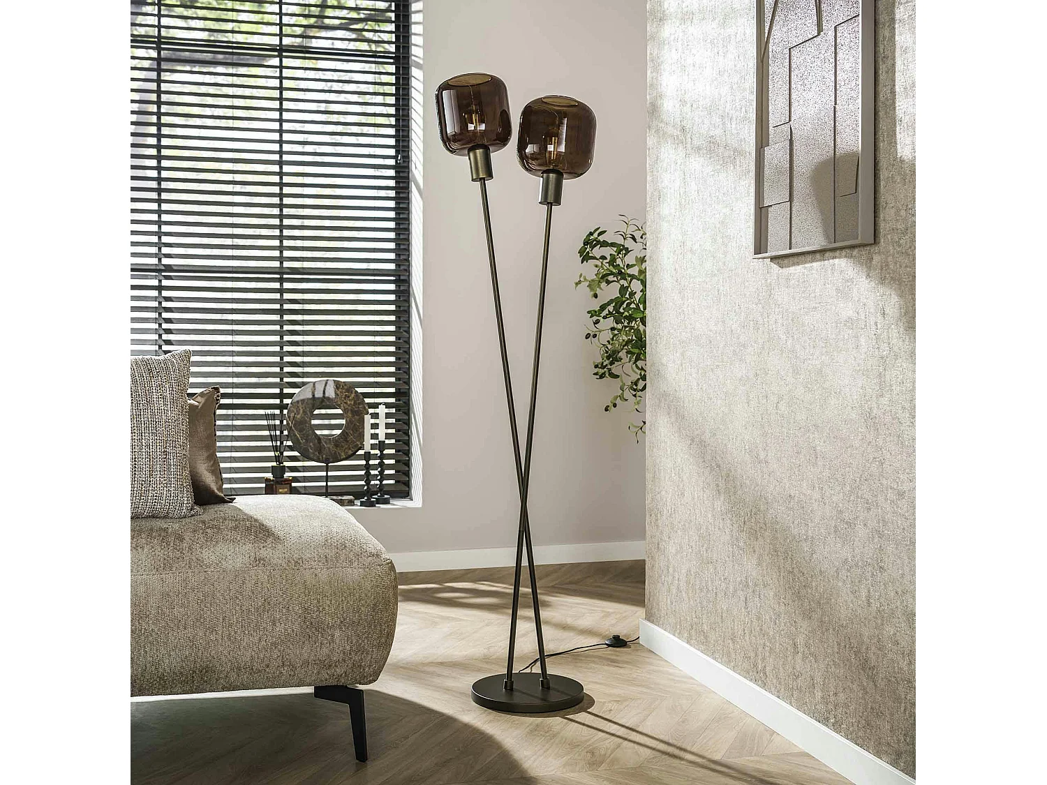 Lampadaire vintage verre – 2 abat–jour croisés bronze NOVA