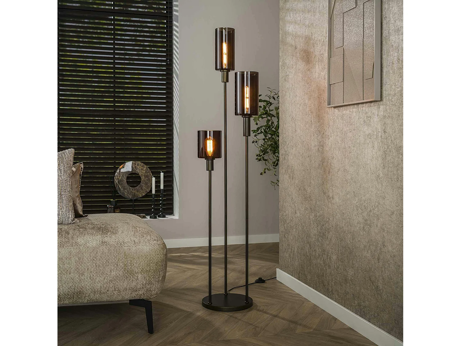 Lampadaire vintage en verre brun – 3 lampes, tiges bronze NOVA