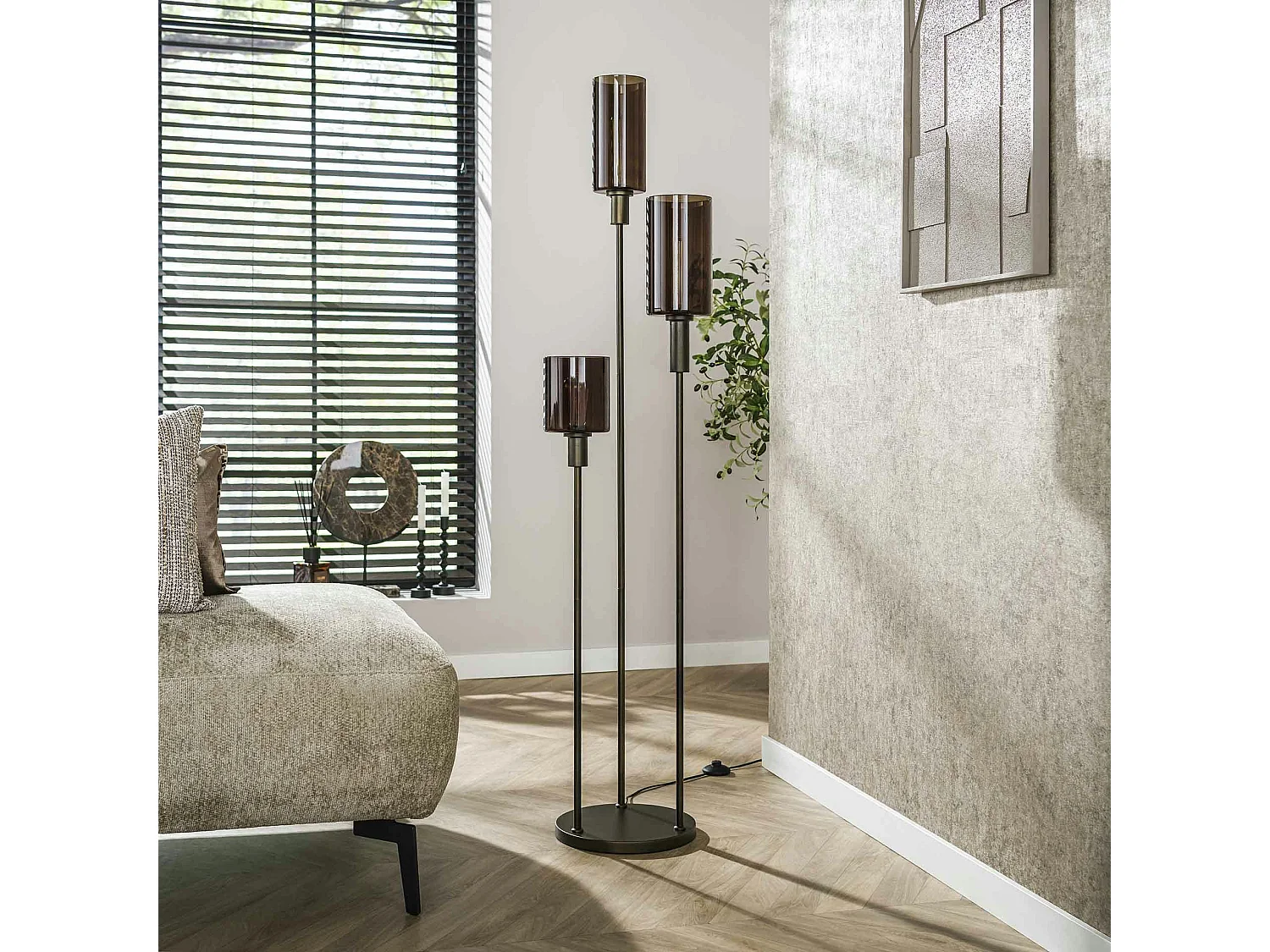 Lampadaire vintage en verre brun – 3 lampes, tiges bronze NOVA