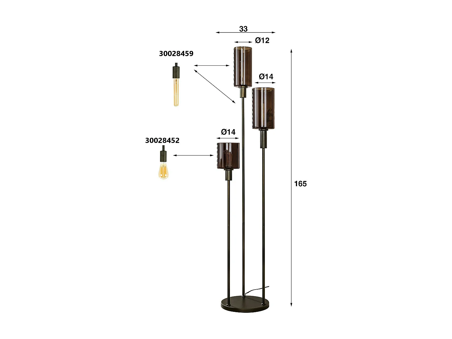 Lampadaire vintage en verre brun – 3 lampes, tiges bronze NOVA