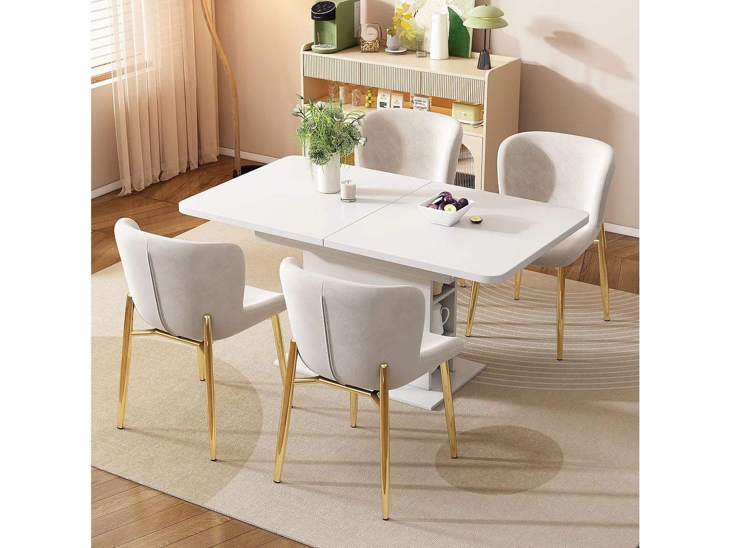 Lot de 4 chaises de salle à manger - Chaise avec dossier et quatre pieds en métal - velours beige