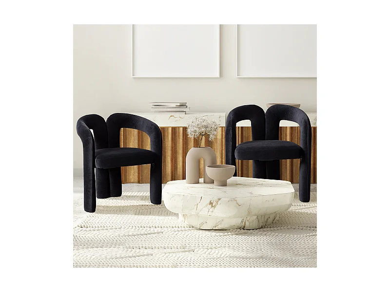 Lot de 2 chaises de salle à manger - velours noir - avec accoudoirs - pour chambre et salon