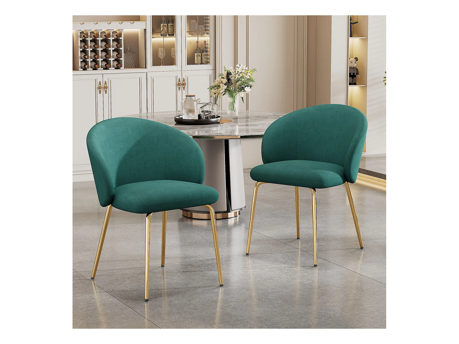 Lot de 4 chaises de salle à manger  - Chaises avec accoudoirs et pieds en métal doré - velours vert