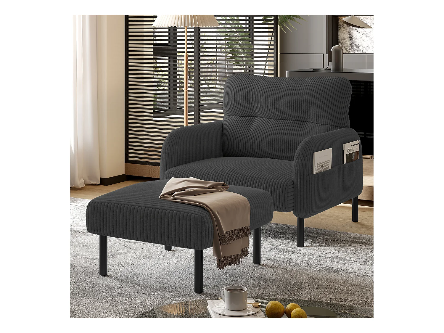 Chaise carrée - Repose-pieds avec structure en métal - velours côtelé - gris - pour salon