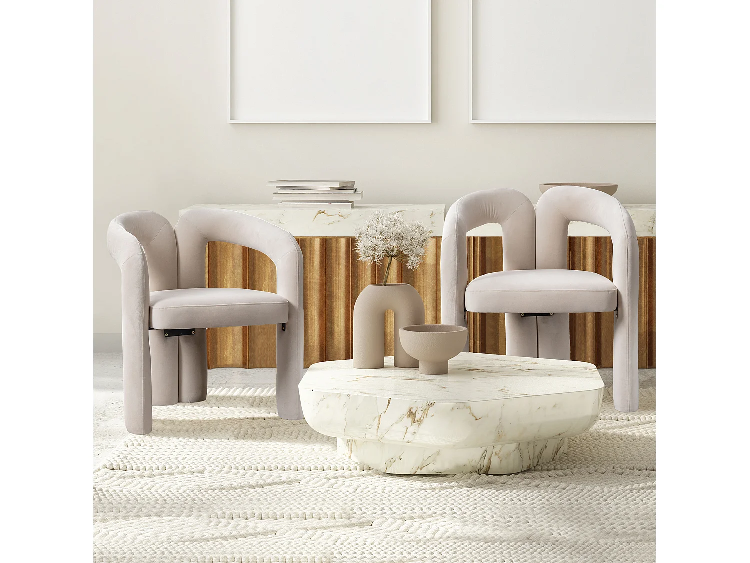 Juego de 2 sillas de comedor - terciopelo beige - con reposabrazos - para dormitorio y salón