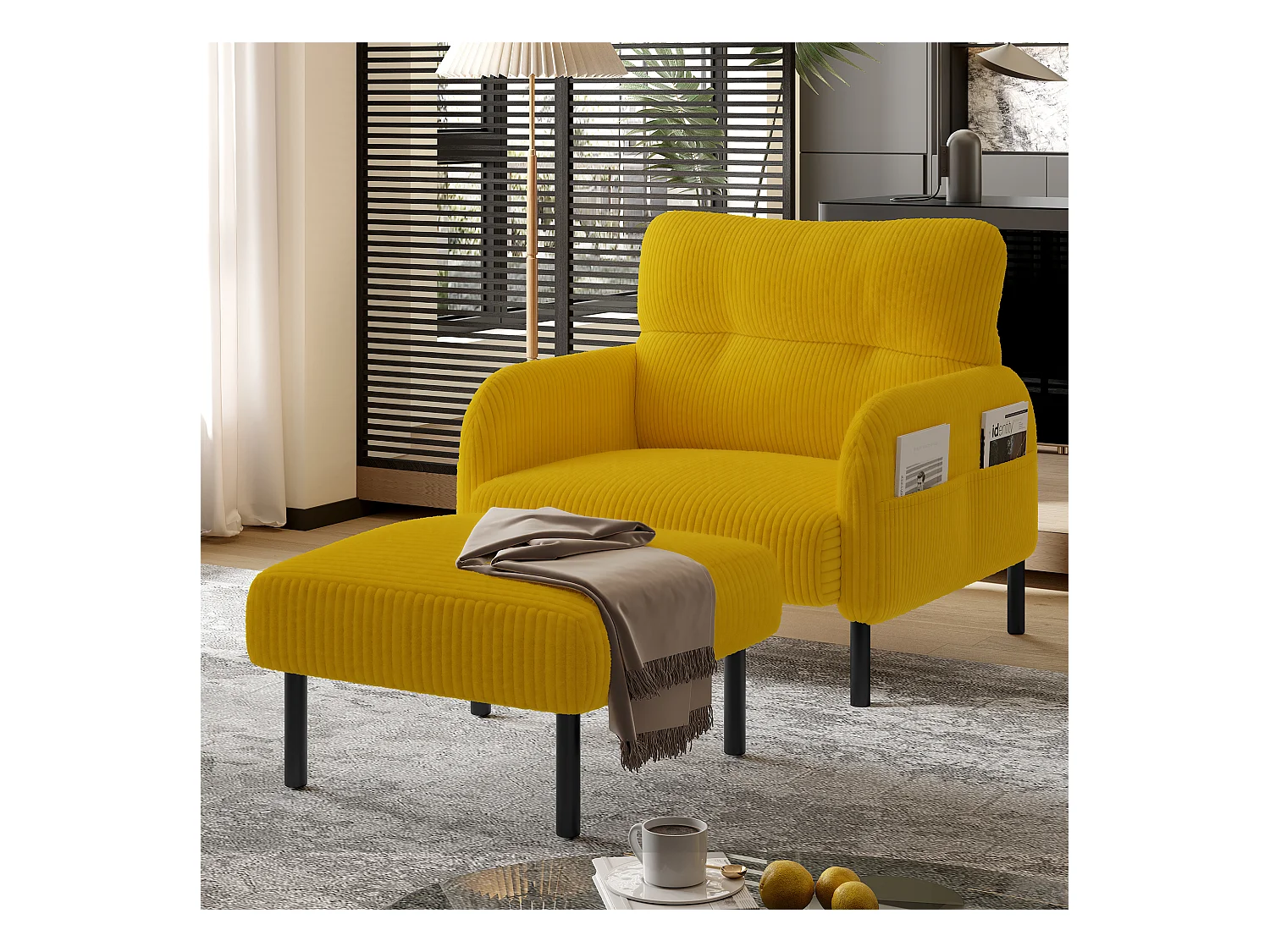 Chaise carrée - Repose-pieds avec structure en métal - velours côtelé - jaune - pour salon