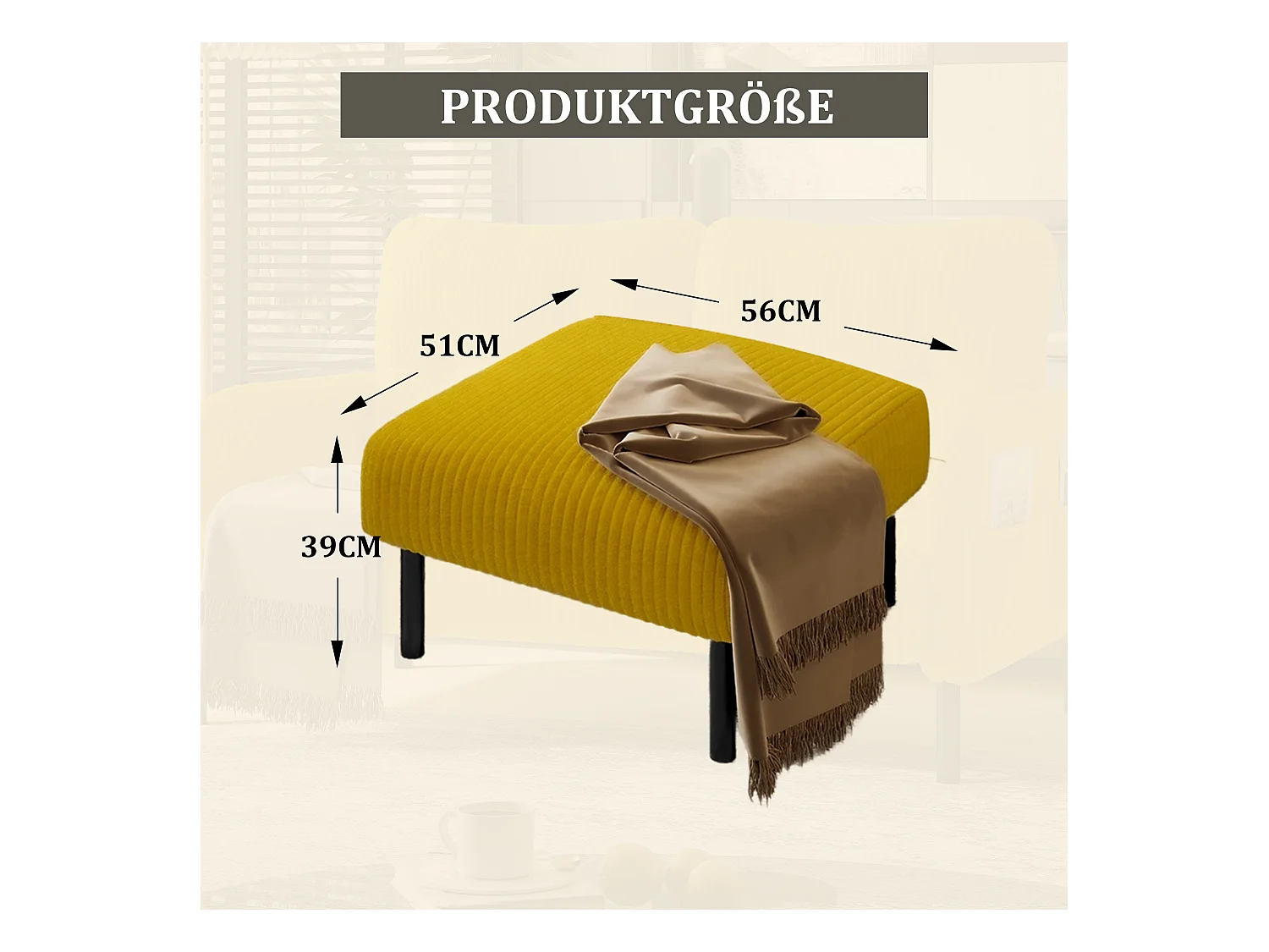 Chaise carrée - Repose-pieds avec structure en métal - velours côtelé - jaune - pour salon