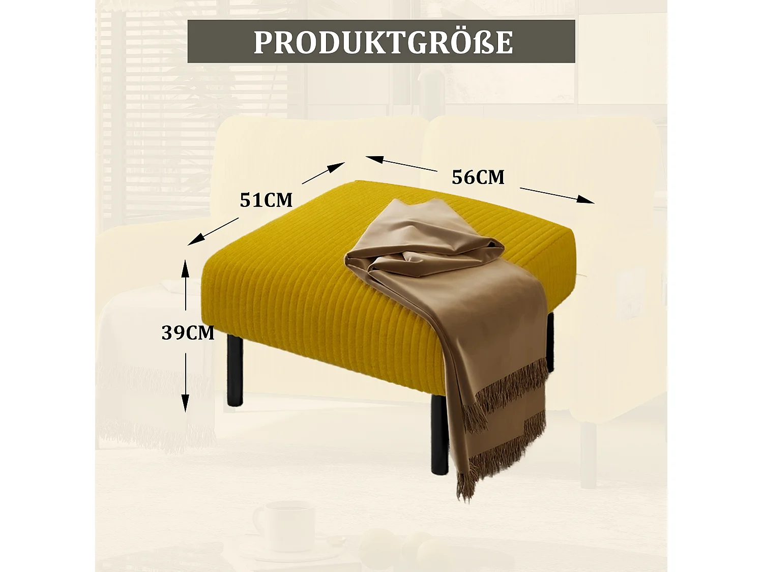 Chaise carrée - Repose-pieds avec structure en métal - velours côtelé - jaune - pour salon