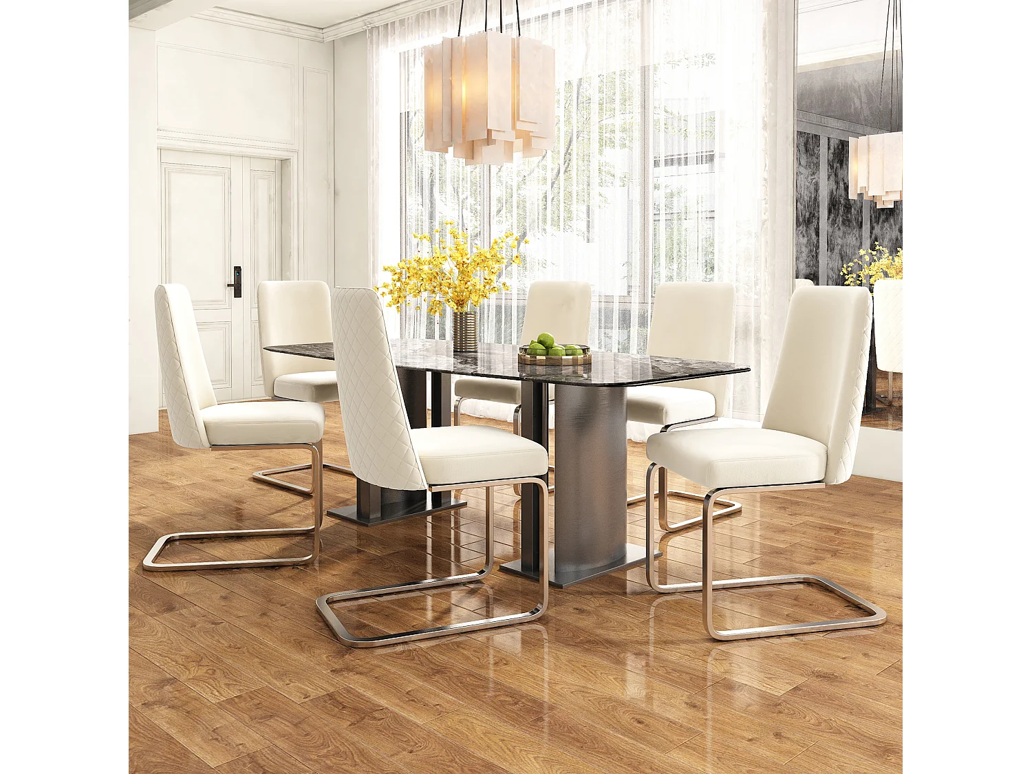 Lot de 4 chaises de salle à manger - velours beige - avec dossier rembourré et pieds en métal argenté