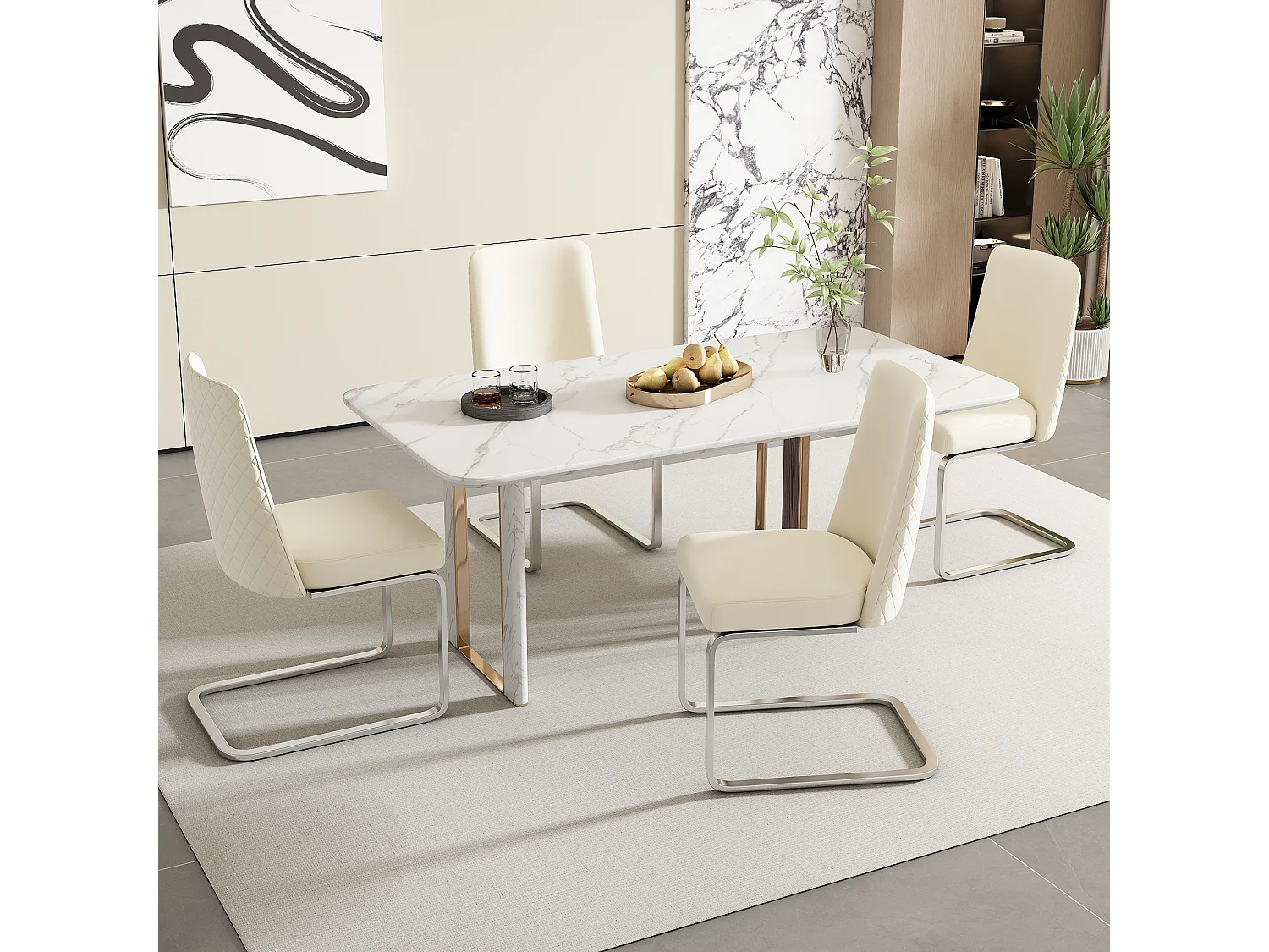 Lot de 4 chaises de salle à manger - velours beige - avec dossier rembourré et pieds en métal argenté