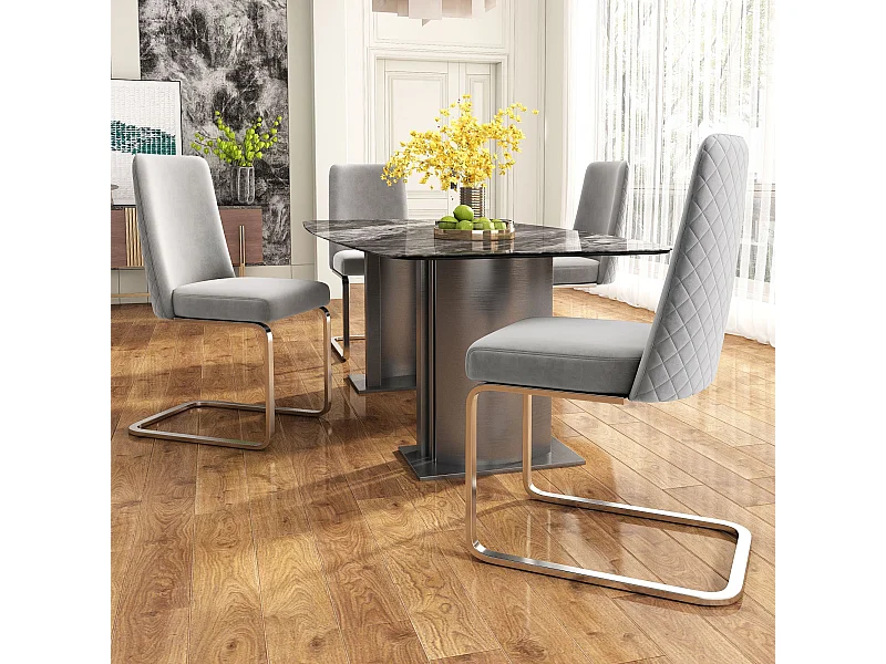 Juego de 4 sillas de comedor - terciopelo gris - con respaldo acolchado y patas de metal plateado