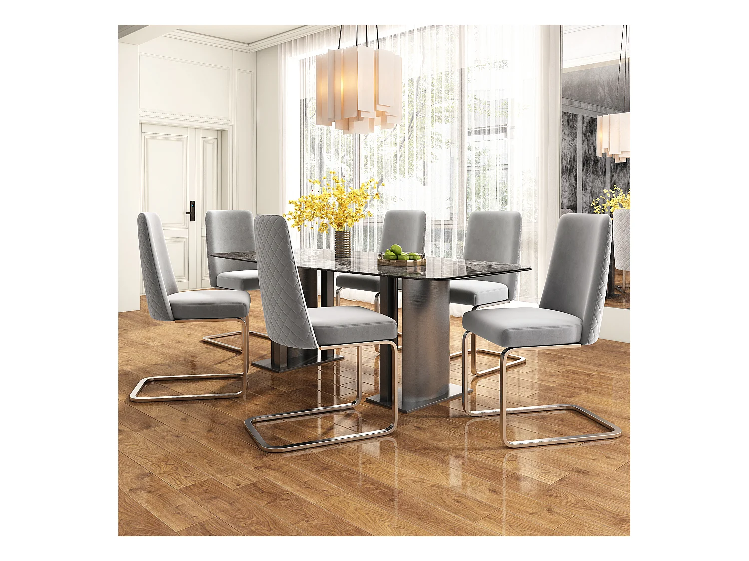 Juego de 4 sillas de comedor - terciopelo gris - con respaldo acolchado y patas de metal plateado