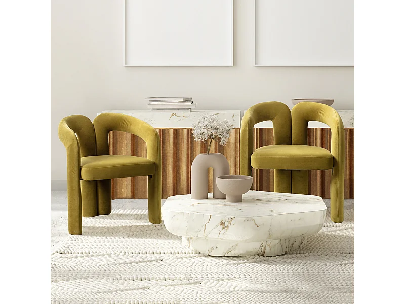 Lot de 2 chaises de salle à manger - velours olive - avec accoudoirs - pour chambre et salon