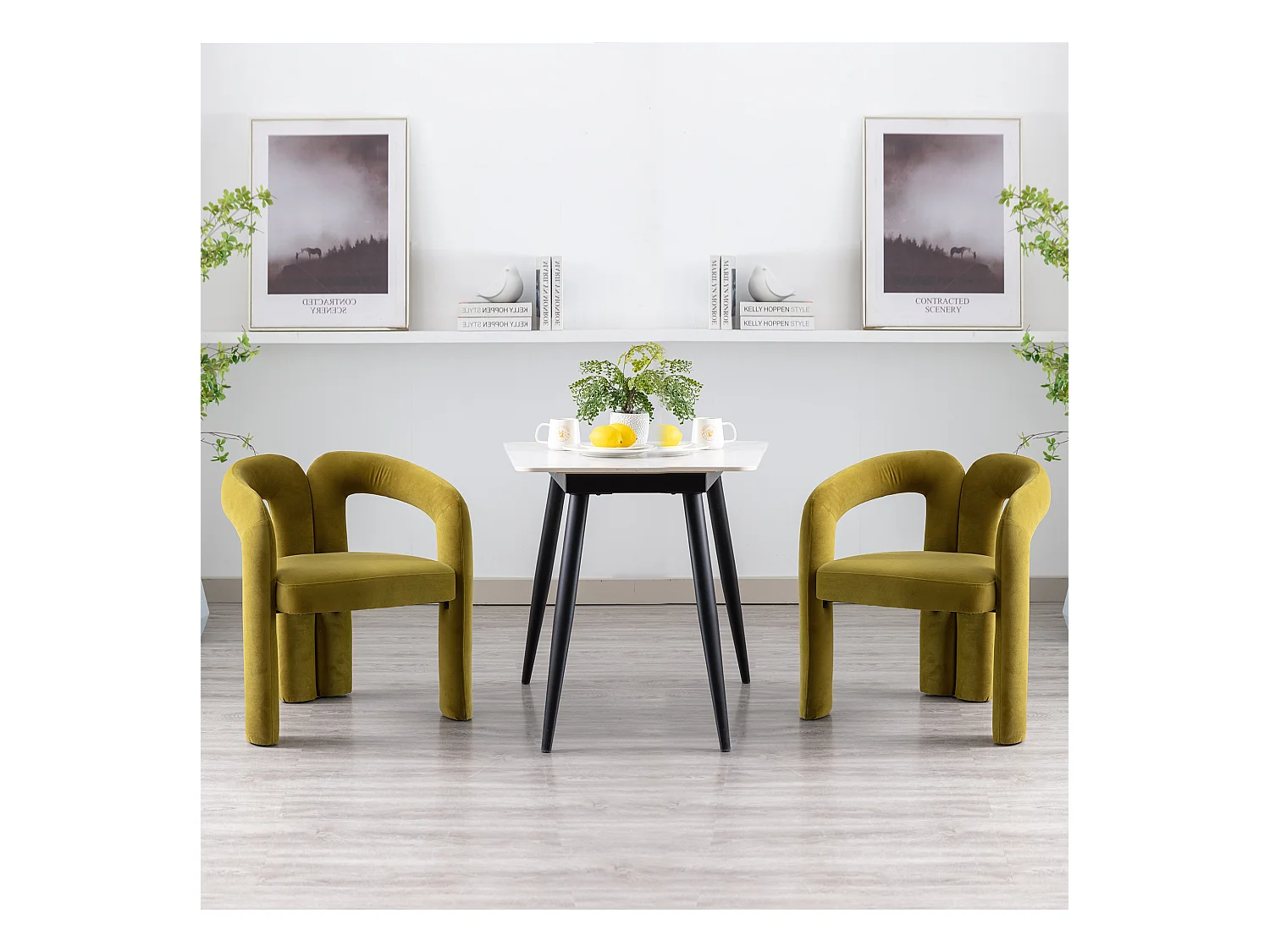 Lot de 2 chaises de salle à manger - velours olive - avec accoudoirs - pour chambre et salon