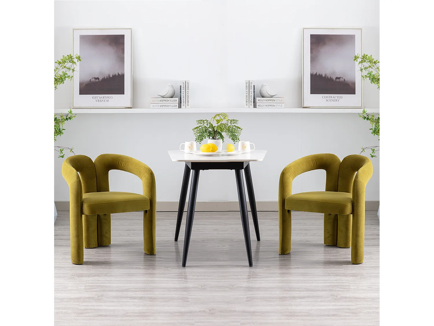 Lot de 2 chaises de salle à manger - velours olive - avec accoudoirs - pour chambre et salon
