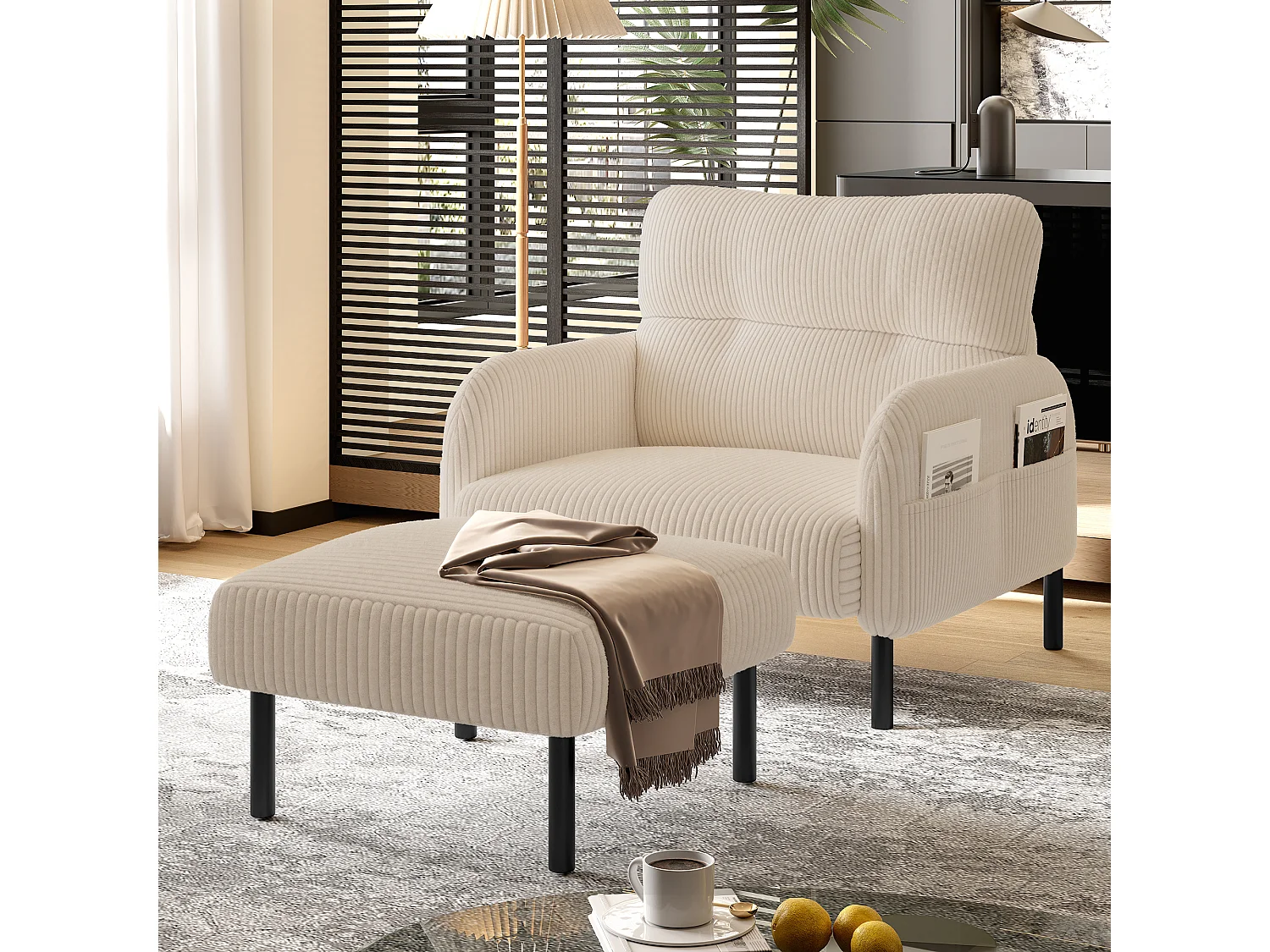 Chaise carrée - Repose-pieds avec structure en métal - velours côtelé - beige - pour salon